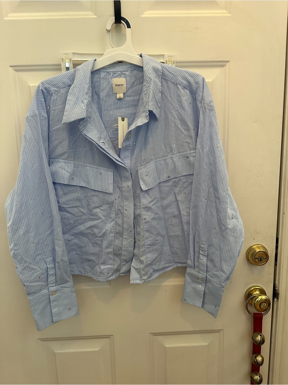 Maeve Blue and White Pinstripe Button-Down Shirt with Stud Accents